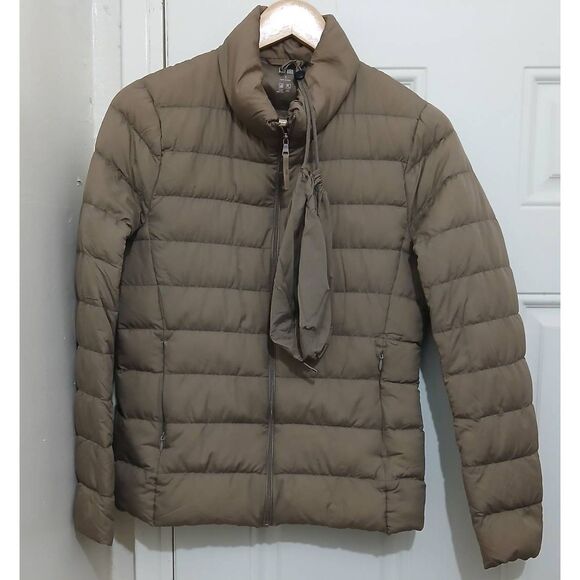 Uniqlo womens small down jacket tan taupe packable lightweight - Picture 1 of 7
